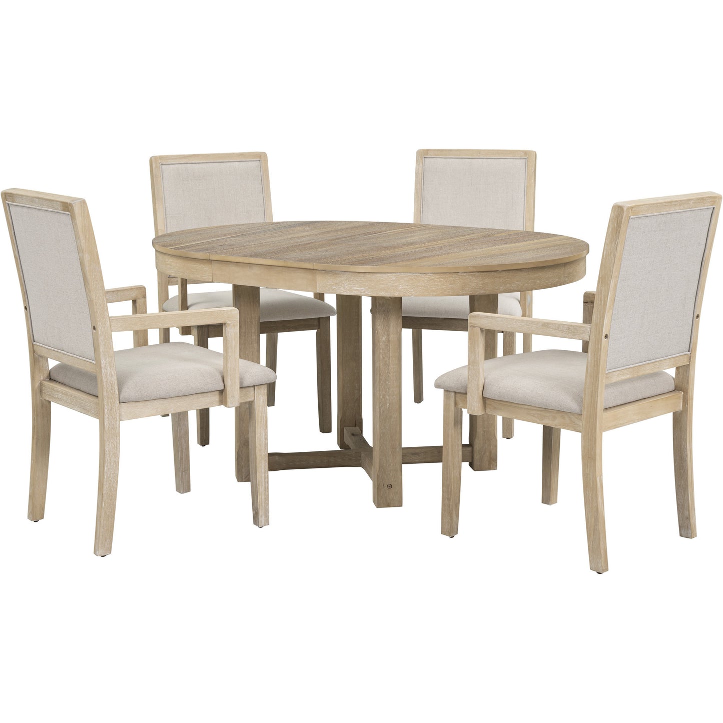 TREXM 5-Piece Dining Table Set, Two-Size Round To Oval Extendable Butterfly Leaf Wood Dining Table and 4 Upholstered Dining Chairs with Armrests (Natural Wood Wash)