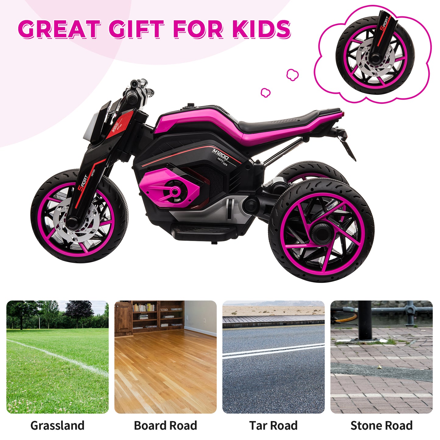 12V Kids Electric Motorbike with Horns and LED Lights, Gift for Kids 3-8 Years, Rosy