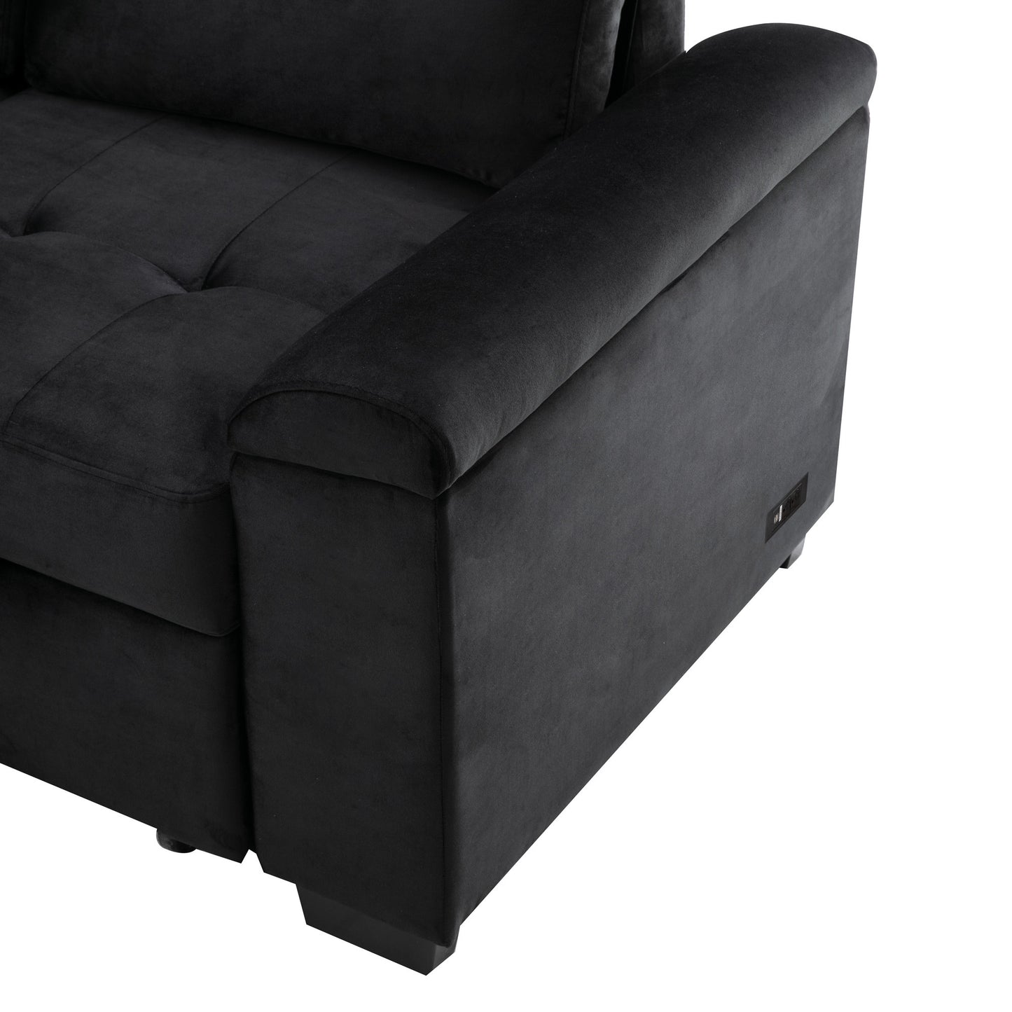 L-Shaped Sleeper Sectional Sofa with Storage Ottoman, USB Charge, and Hidden Arm Storage in Black Velvet