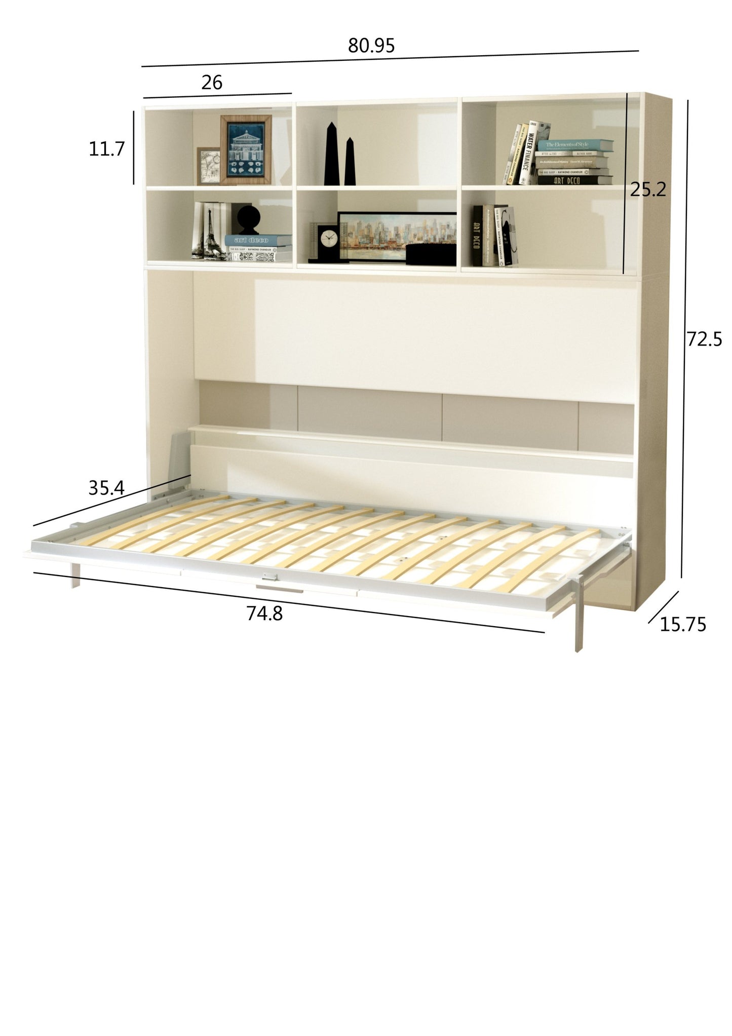 Mordern Design Twin Size Horizontal Murphy Bed with Shelf Storage for Bedroom or Guestroom White Wall Bed Space Saving Hidden Bed with New Style Gas Struts