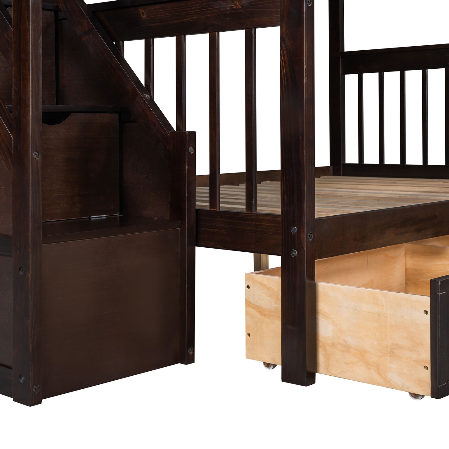 Espresso Twin over Full Bunk Bed with 3 Storage Drawers, Ladder, and Staircase