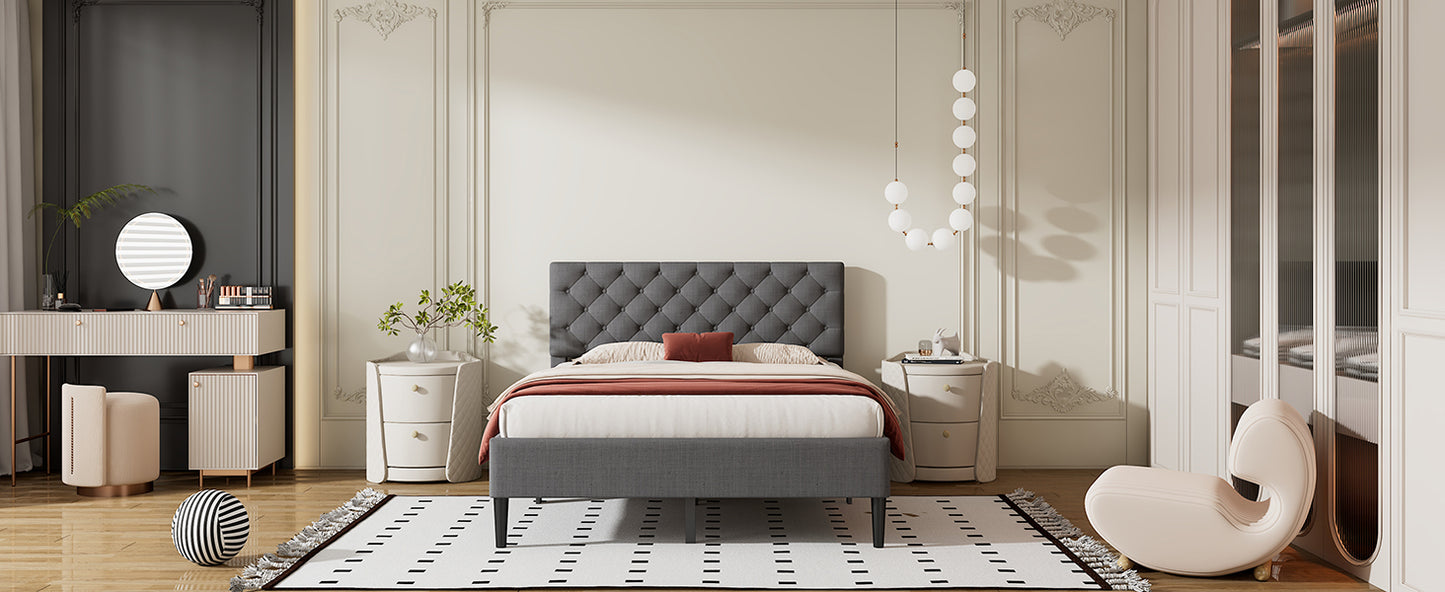 Upholstered Linen Platform Bed, Full Size, Gray