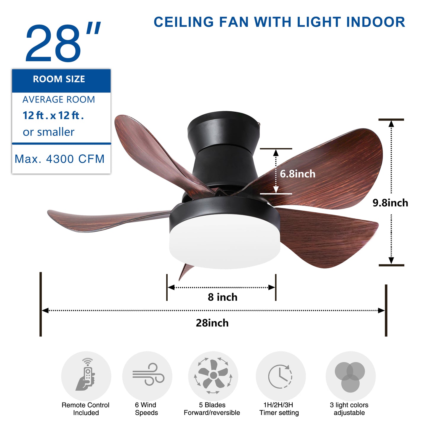 28 Inch Modern Ceiling Fan with LED Light and Remote Control