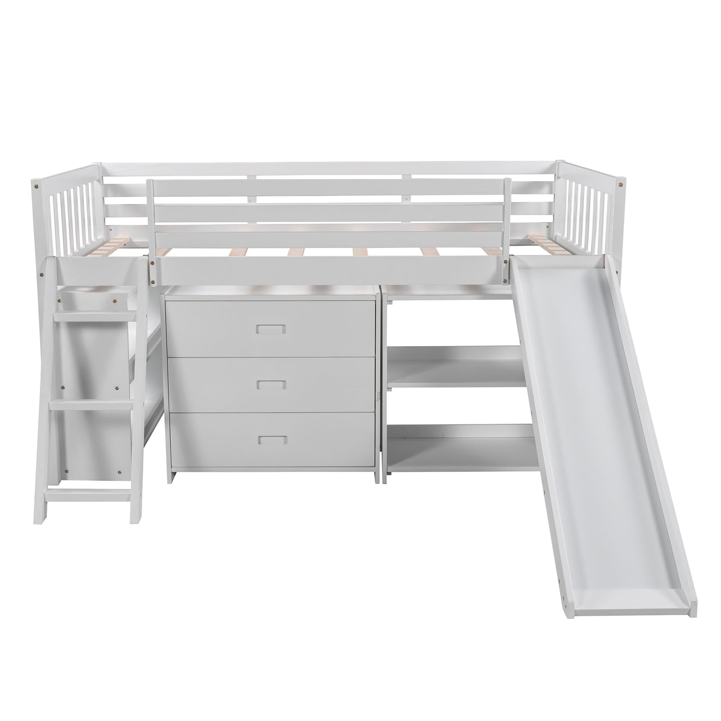 Low Loft Bed with Attached Bookcases and Separate 3-tier Drawers,Convertible Ladder and Slide,Twin,White