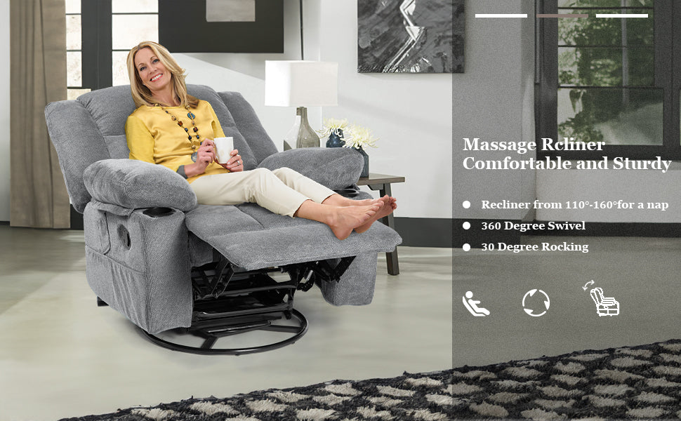 Massage Recliner Chair with Heating, Swivel, and Storage