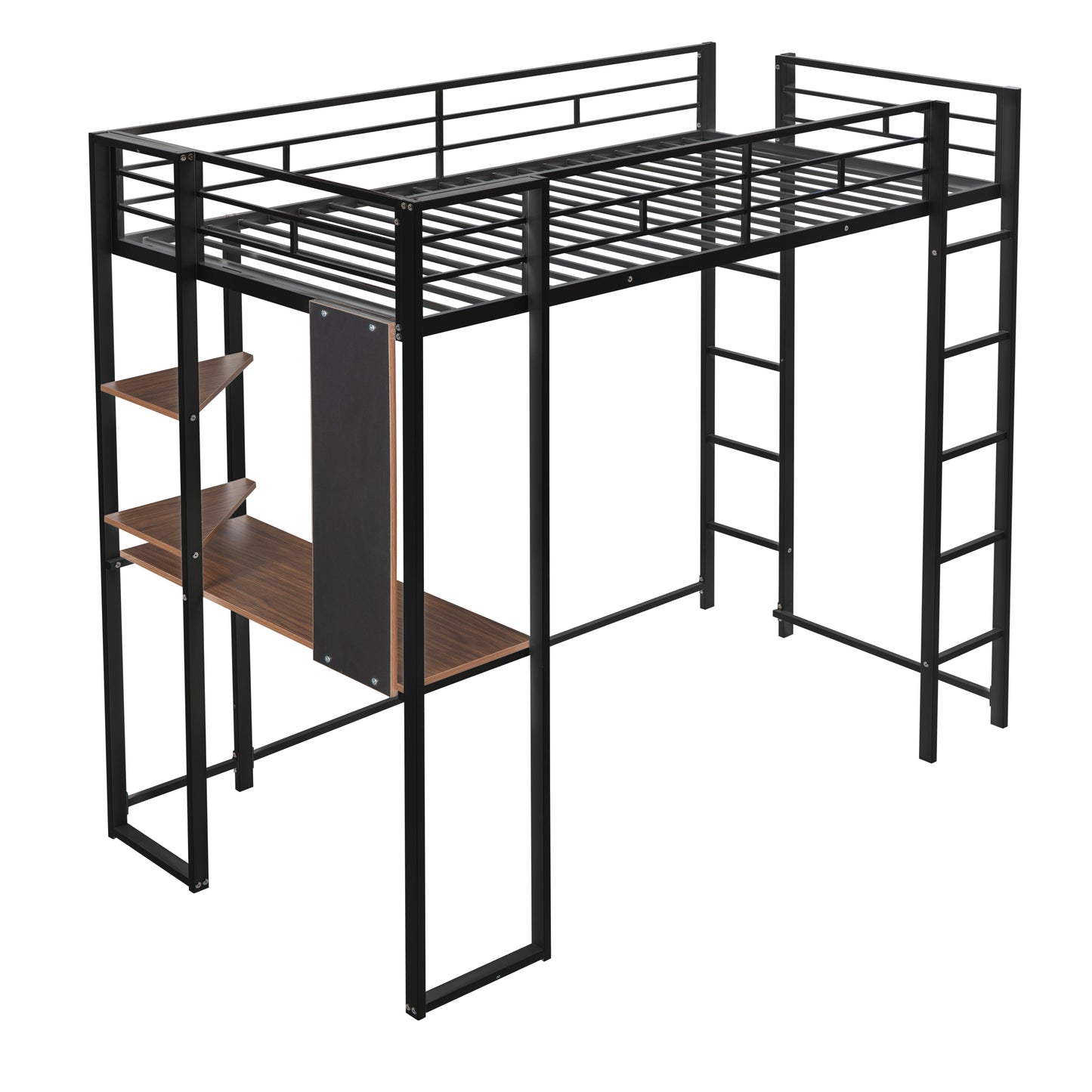 Twin Metal Loft Bed with 2 Shelves and one Desk ,BLACK(: MF281206AAB)