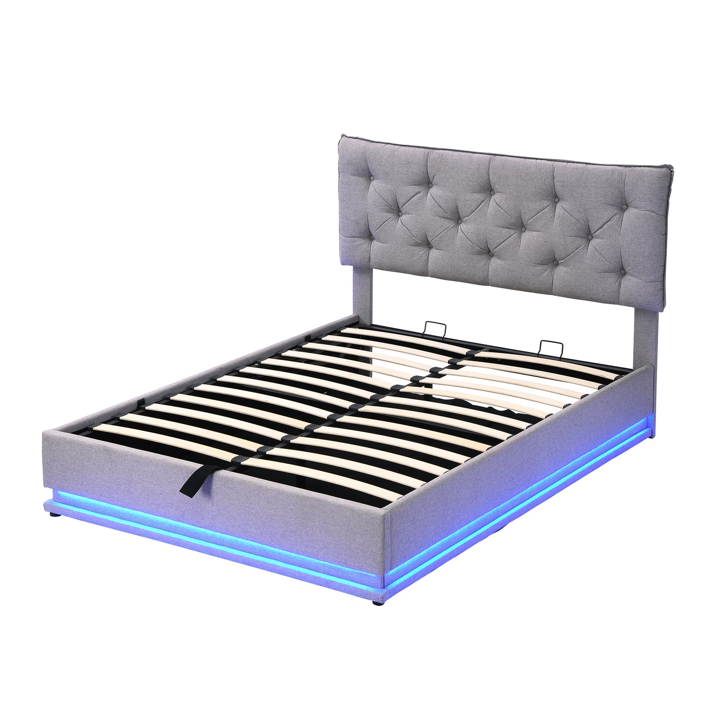 Full Size Upholstered Bed with Hydraulic Storage System and LED Light, Modern Platform Bed with Button-tufted Design Headboard, Gray