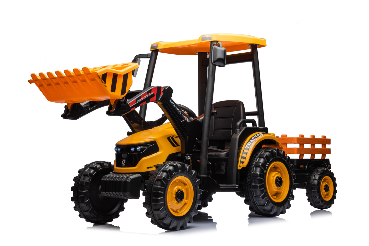 Yellow Pedal Tractor with Loader and Backhoe Digger, Electric Ride-On Car for Kids with Trailer