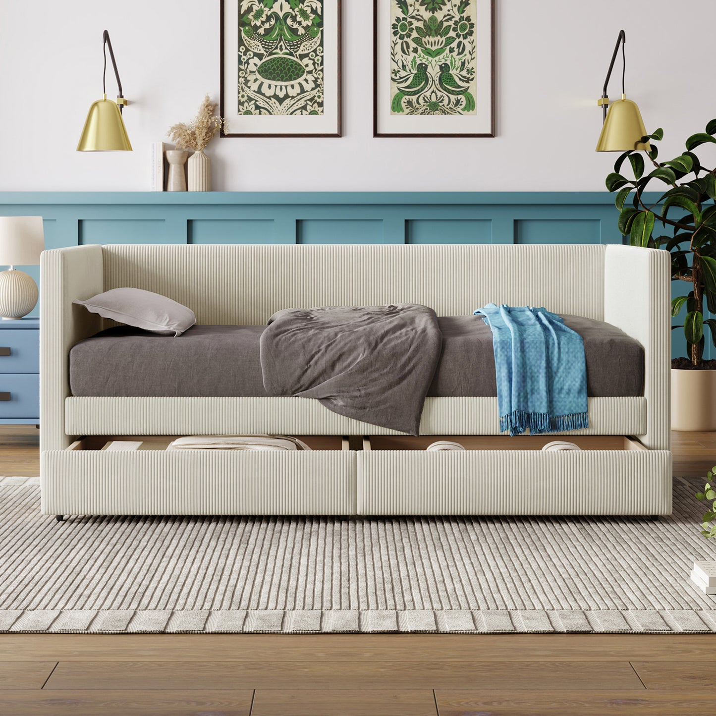 Twin Size Corduroy Daybed with Two Drawers and Wood Slat, Beige