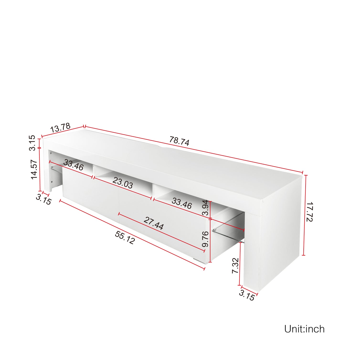 Contemporary White Gloss TV Stand with 80-inch LED Lights and Remote Control