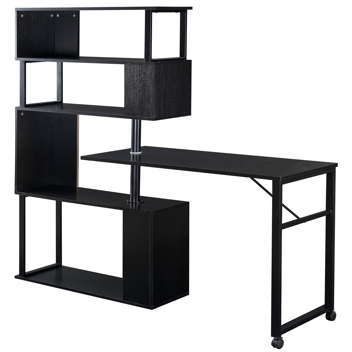 Modern L-Shaped Home Office Desk with Rotating Bookshelf and Lockable Casters