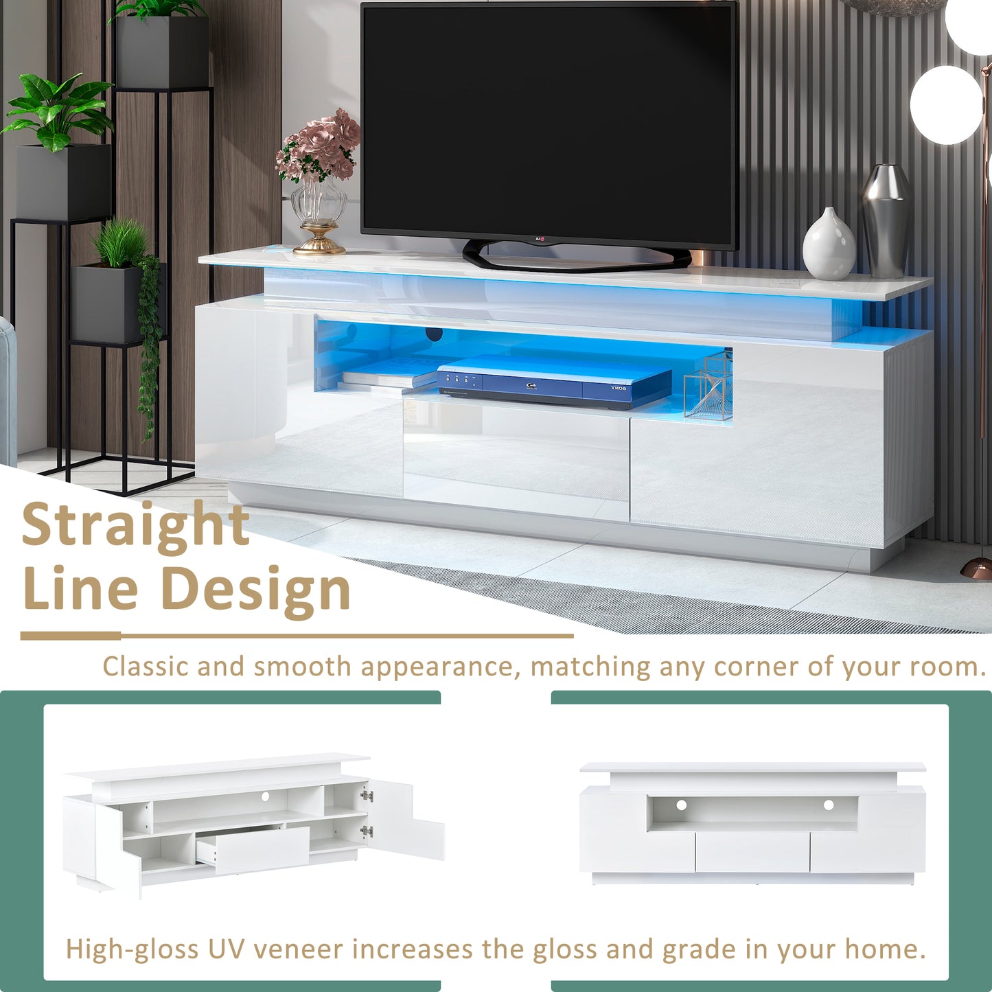 Sleek White LED TV Stand with Color Changing Lights & Ample Storage Space