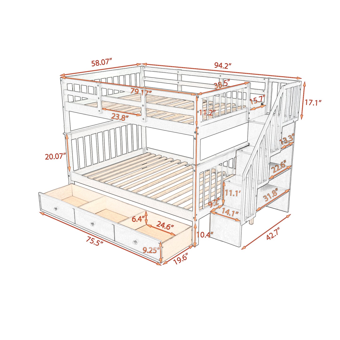 Gray Full-Over-Full Bunk Bed with Staircase, Drawer, and Storage