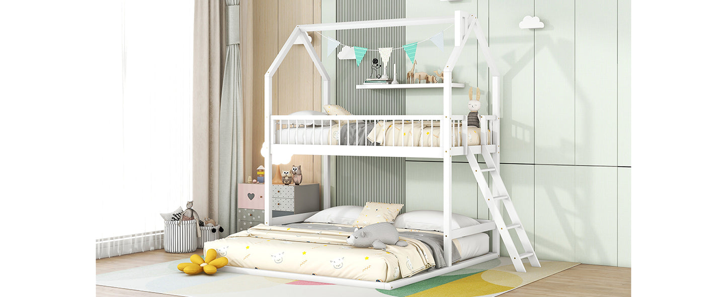 House-Shaped Twin Bunk Bed with Trundle, Ladder, and Twin Over Twin Size Sleep Space