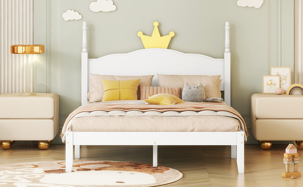 Full Size Wood Platform Bed with Crown Shaped Headboard, White