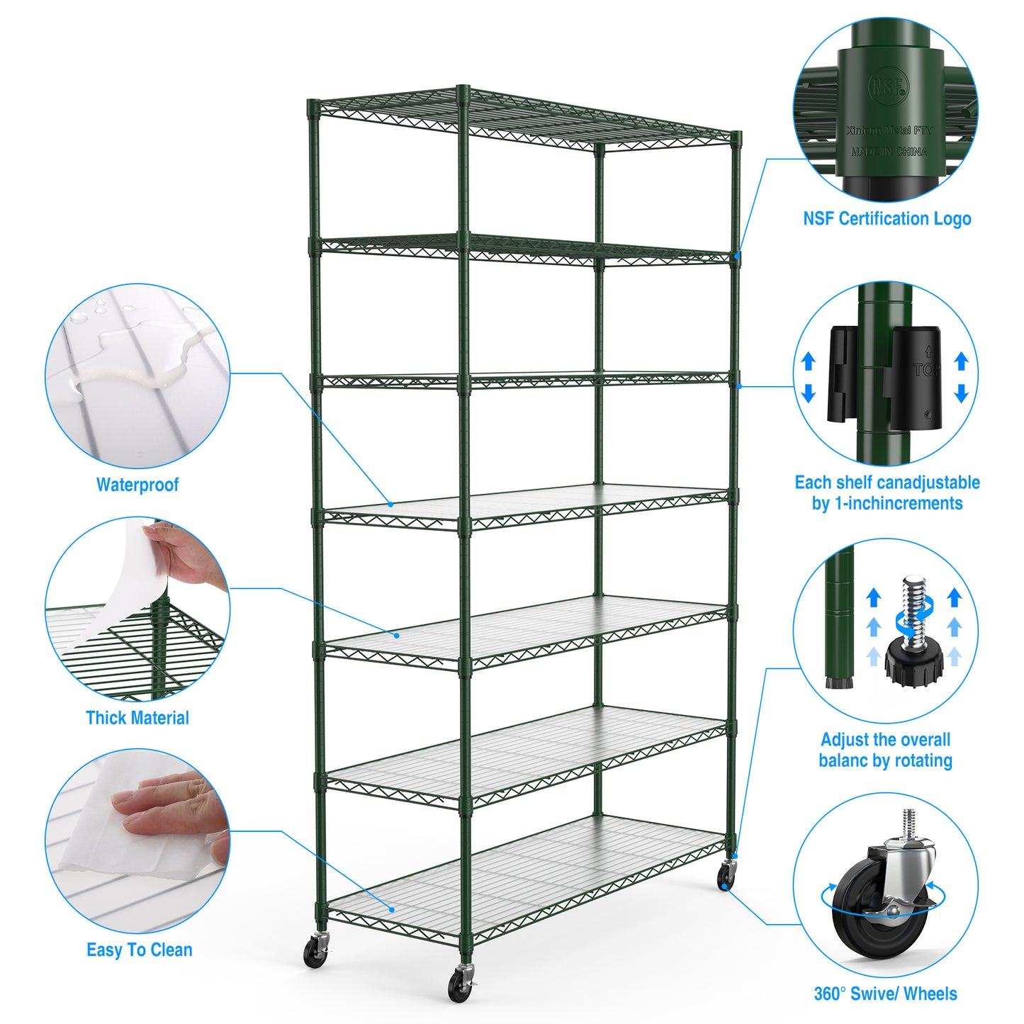 7 Tier Wire Shelving Unit, 2450 LBS NSF Height Adjustable Metal Garage Storage Shelves with Wheels, Heavy Duty Storage Wire Rack Metal Shelves - Green