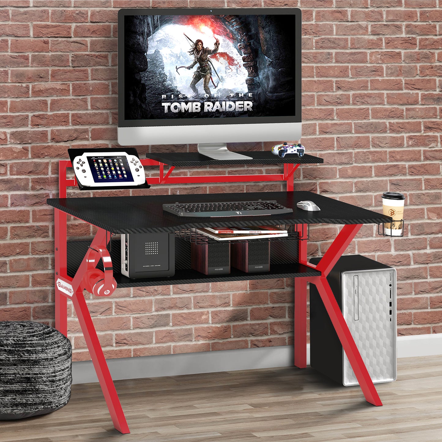 Ergonomic Gaming Desk with Black and Red Metal Frame and PVC Coating