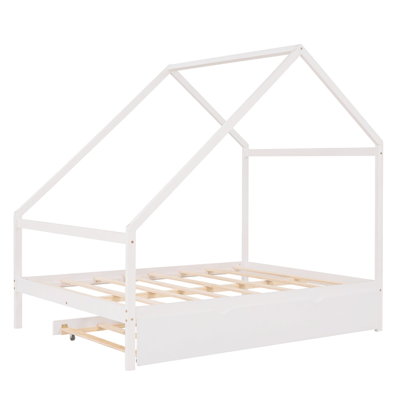 Full Size Wooden House Bed With Twin Size Trundle, White