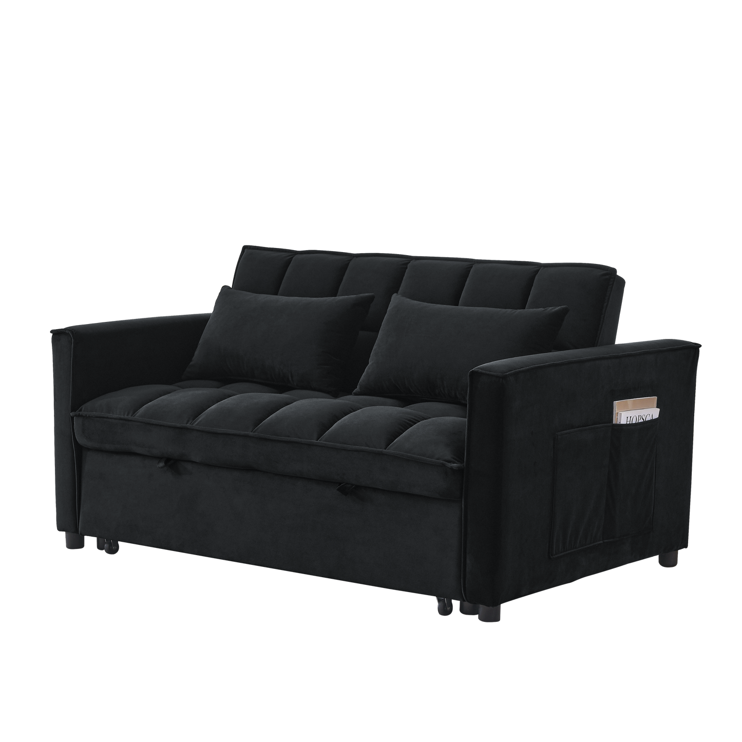 Sleeper Sofa, Convertible Sofa, Recliner, Bed, 3-in-1, 3-Position Adjustable Backrest, 2-Seater Sectional, Two Side Pockets, 2 Pillows for Living Room, Apartment, etc., Velvet Black 54" Wide.