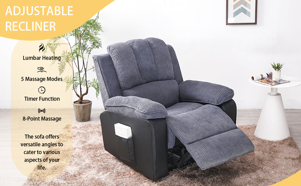 Corduroy + PU material thickened with side pockets armrests ergonomic power sofa chair with 8-point massage heating function