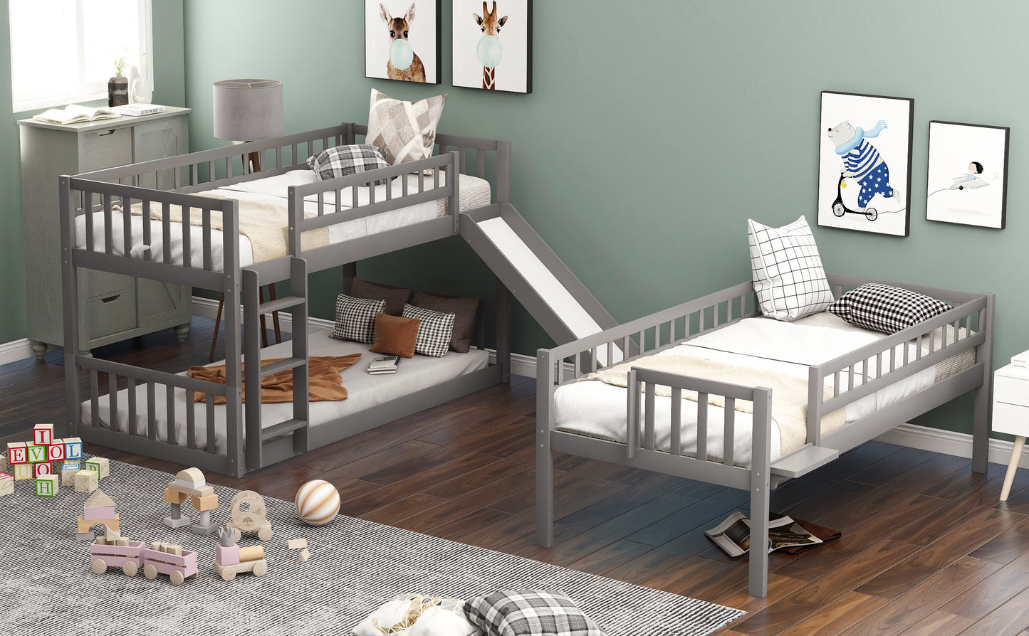 Triple Bed with Ladder, Slide, and Guardrails in Gray