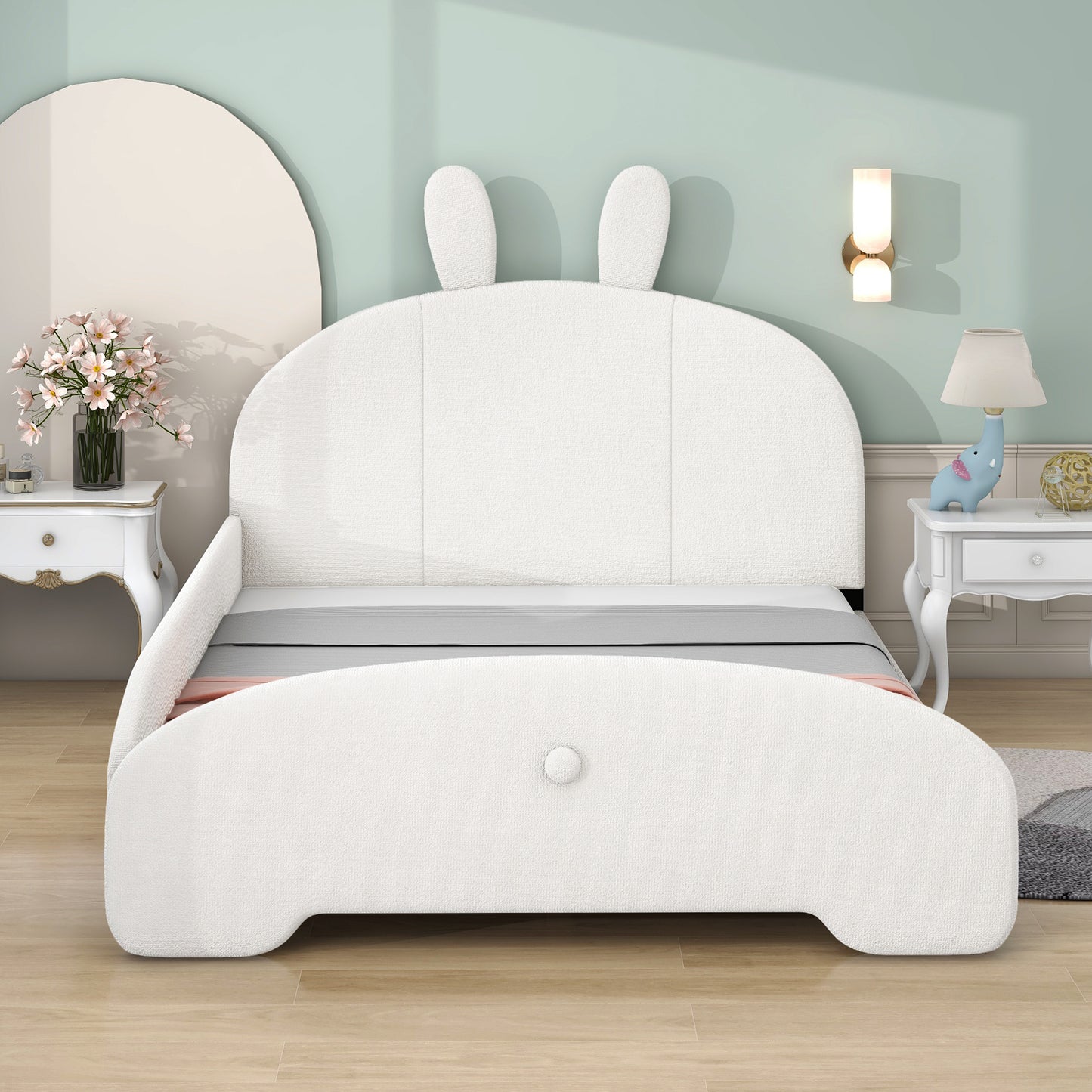 Full Size Upholstered Platform Bed with Cartoon Ears Shaped Headboard, White