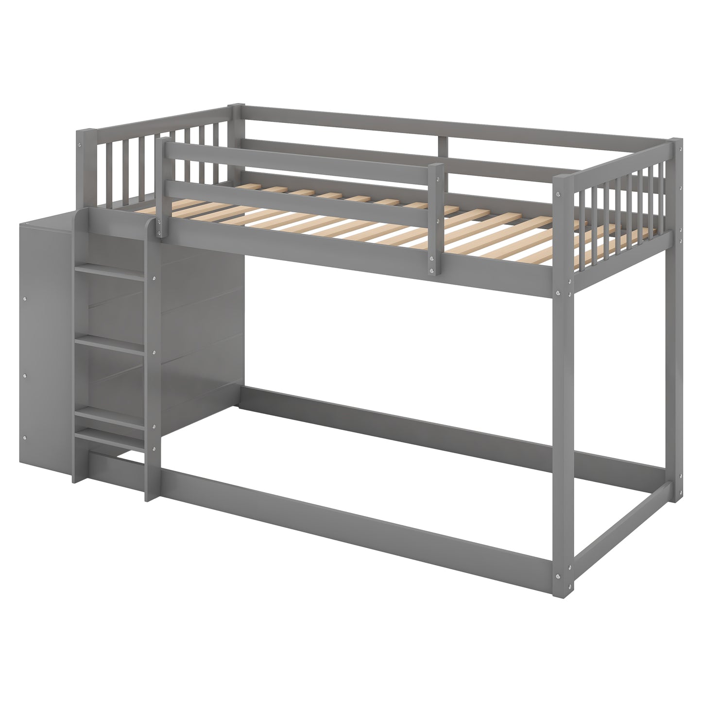 Gray Space-Saving Twin Bunk Bed with Storage Cabinet and Shelves