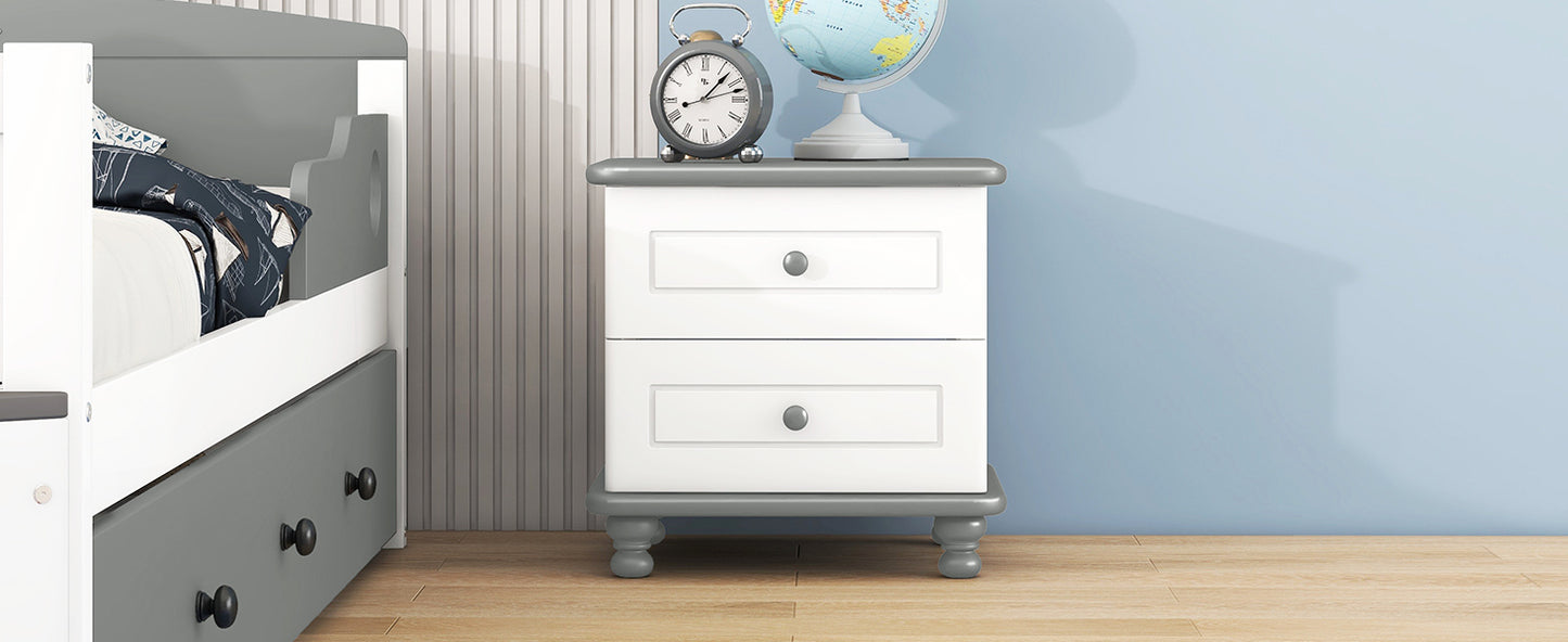 Wooden Nightstand with Two Drawers for Kids,End Table for Bedroom,White+Gray