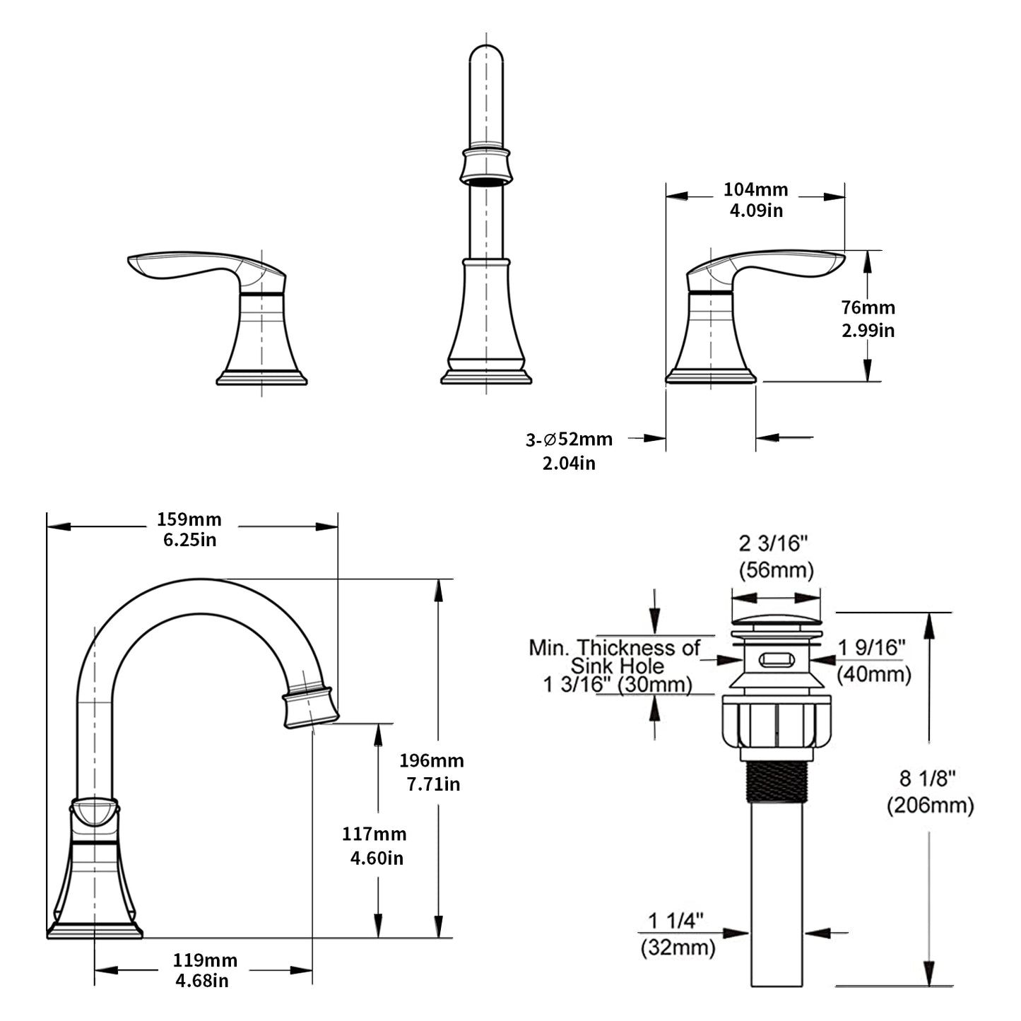 360° Swivel Brushed Gold 2-Handle Widespread Lavatory Faucet