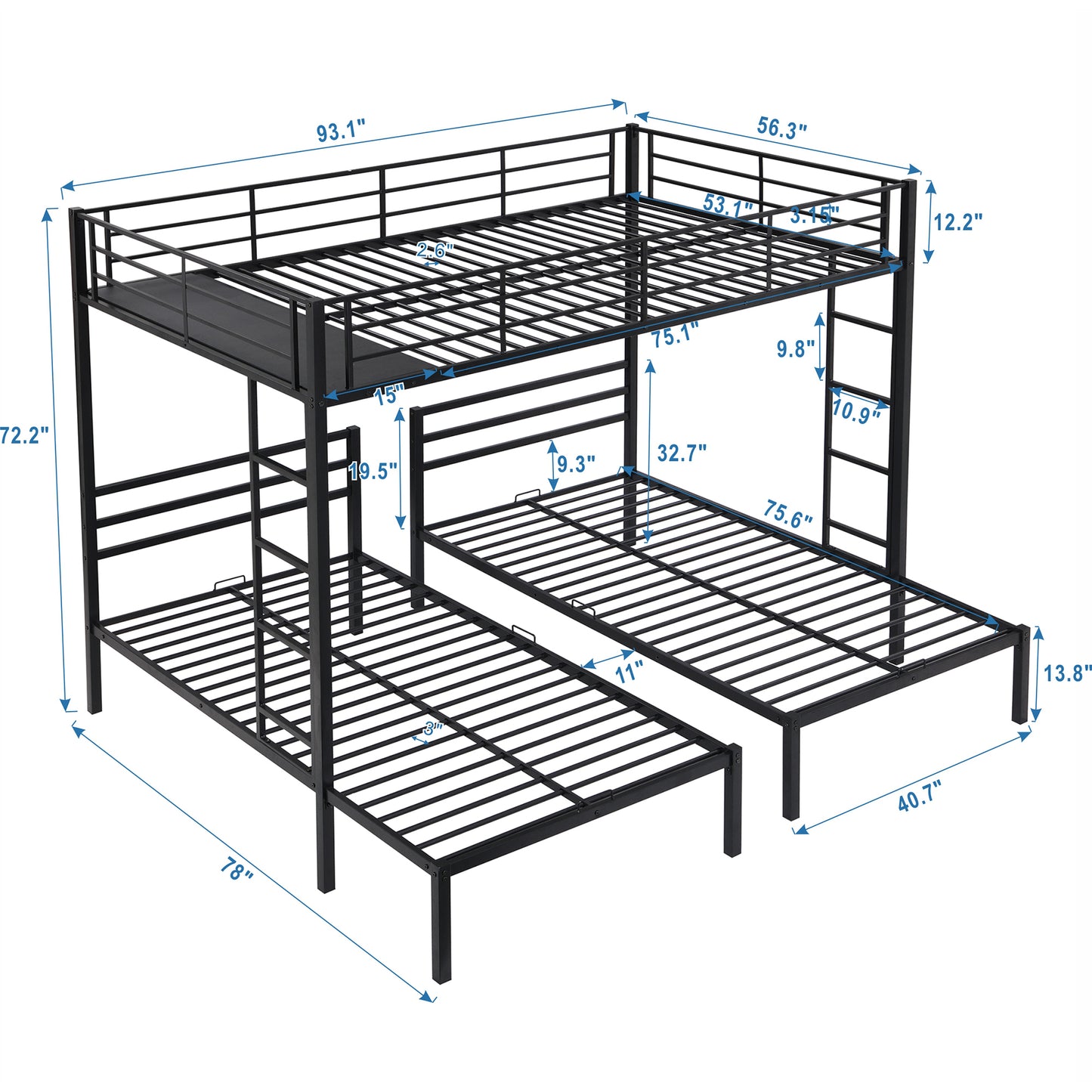 Black Metal Bunk Bed with Built-in Shelf for Twin & Full Size