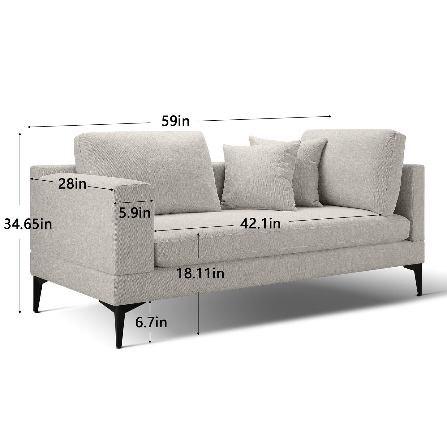 Luxury Modern 2 Seater Couch for Living Room, Fabric Couch With Removable Sofa Cushions and  Reverible Armes , Stable Metal Legs , 2 Pillows and 1 Back Cushion, Texture Champange