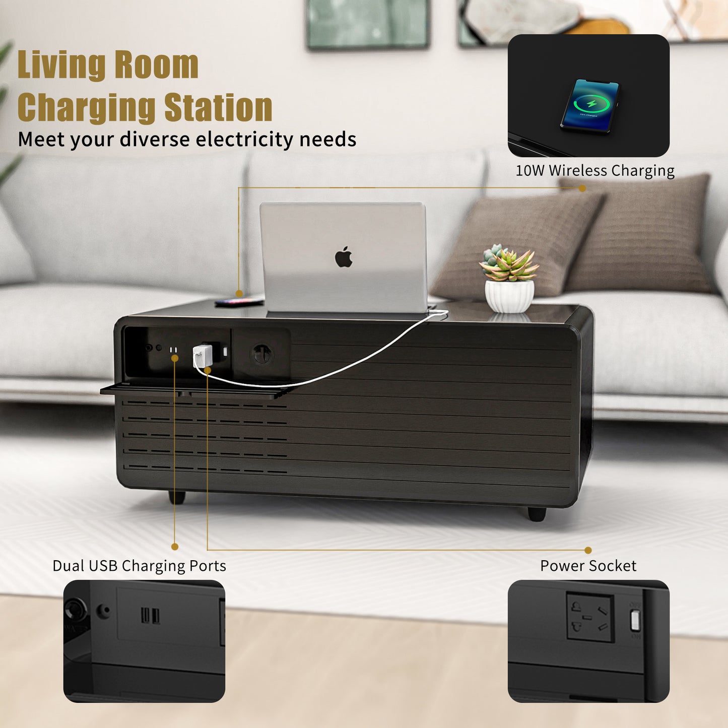 Black Smart Coffee Table with Refrigerated Storage, Wireless Charging, and Power Outlets