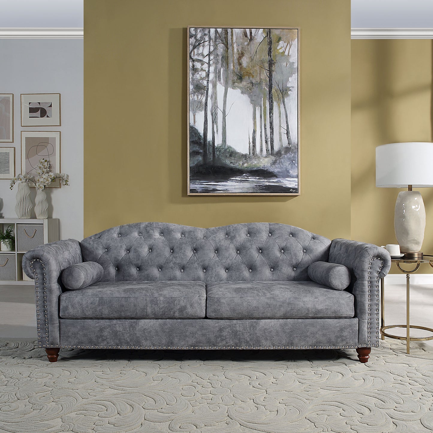 Classic Traditional Living Room Upholstered Sofa with high-tech Fabric Surface/ Chesterfield Tufted Fabric Sofa Couch, Large-Grey