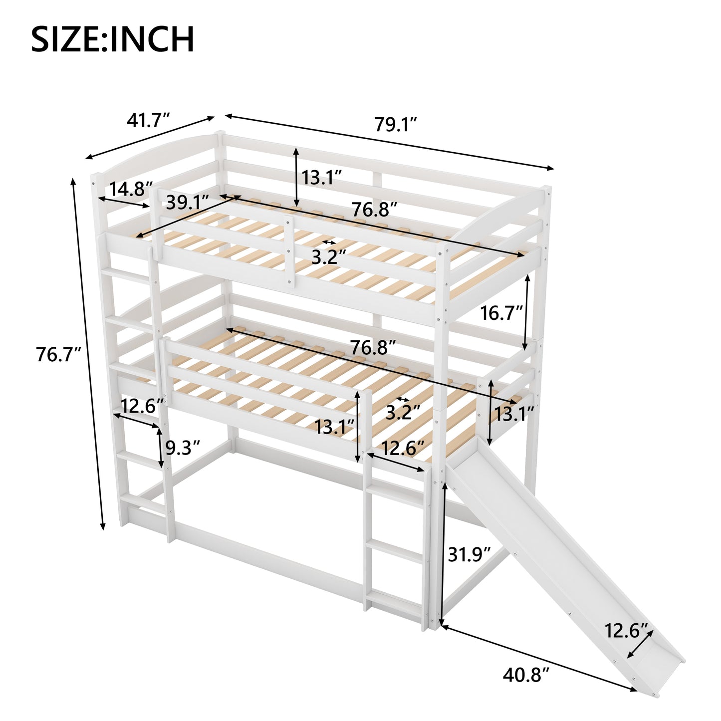 Triple Bunk Bed with Ladder, Slide, and Twin-Twin-Twin Design for White Bedroom Fun