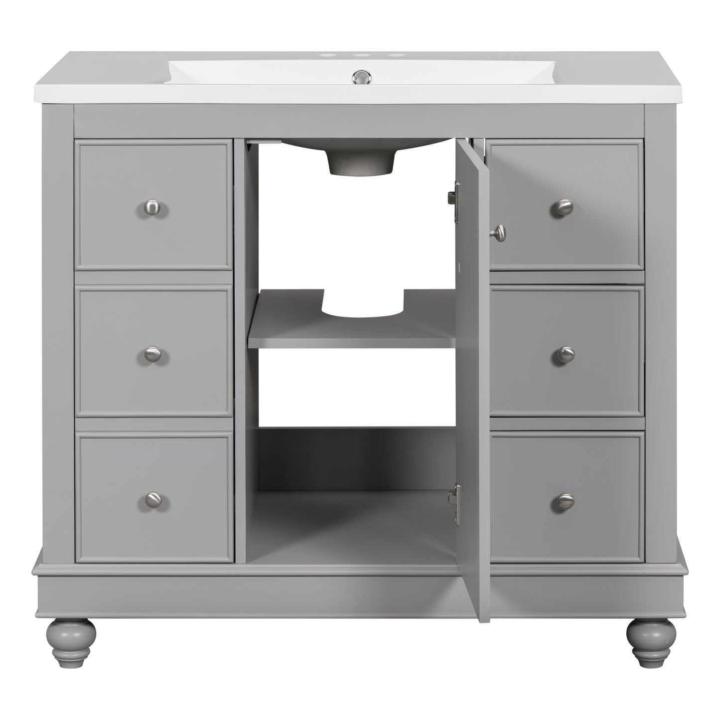 Contemporary Gray Bathroom Vanity Cabinet - 36x18x34 inches, 4 Drawers & 1 Cabinet Door, Multipurpose Storage, Resin Integrated Sink, Adjustable Shelves, Solid Wood Frame with MDF