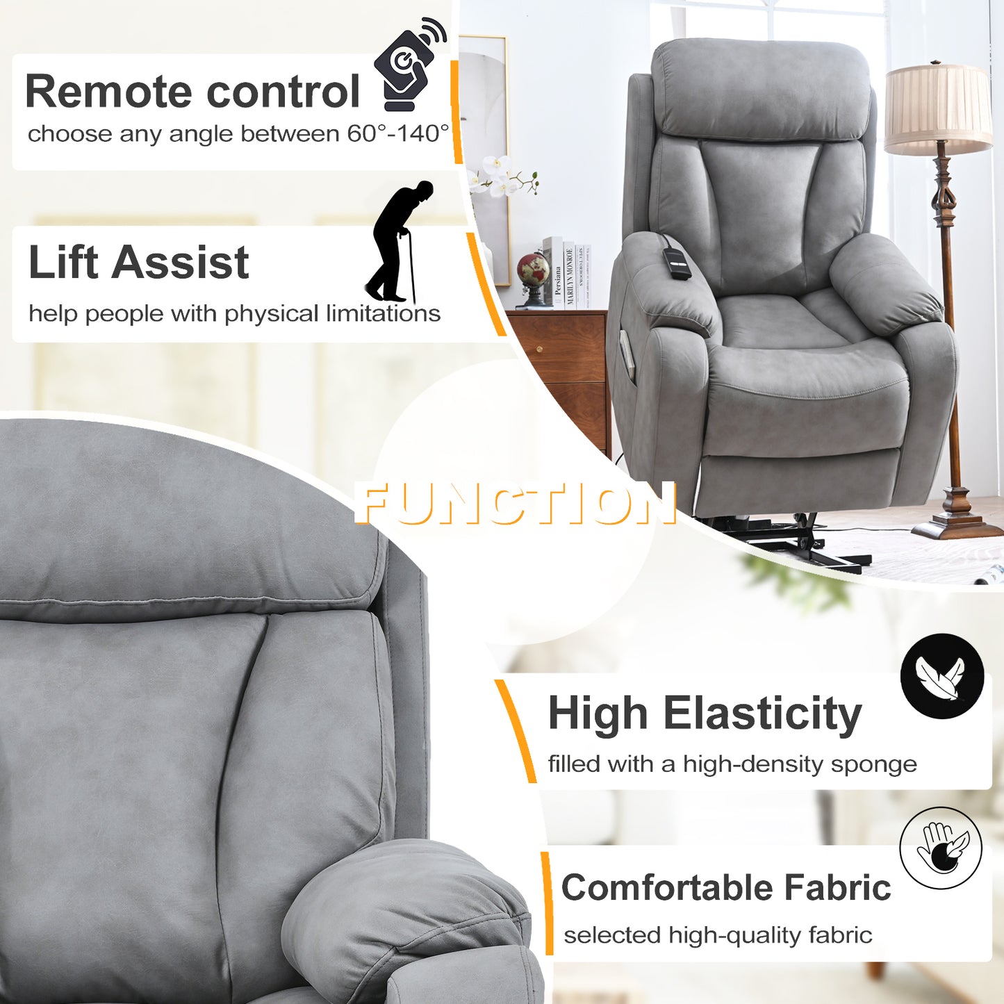 Elderly-Friendly Light Gray Electric Power Lift Recliner Chair