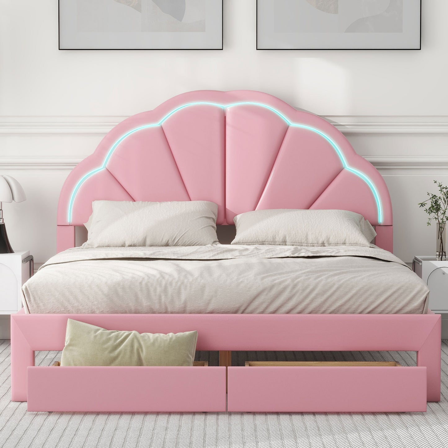 Queen Size Upholstered Platform Bed with Seashell Shaped Headboard, LED and 2 Drawers, Pink