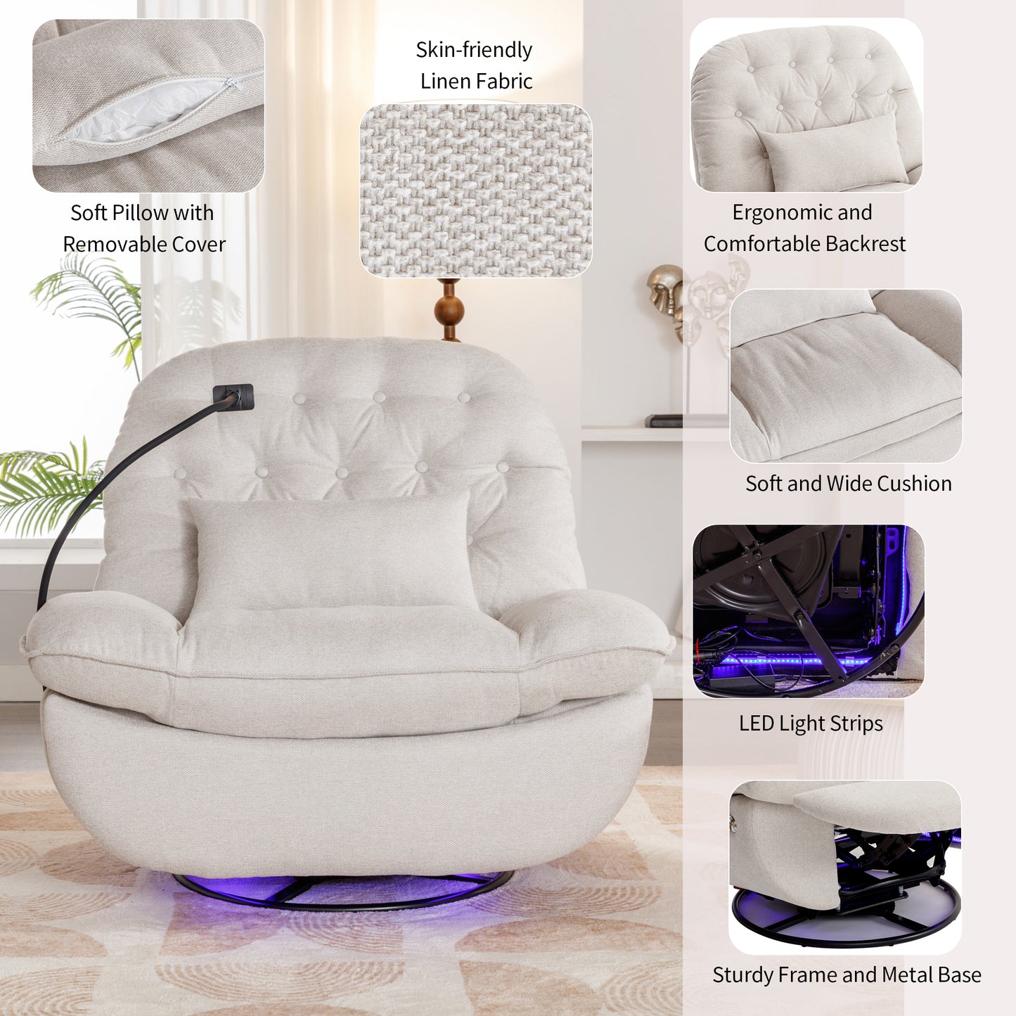 Smart Beige Power Recliner with Swivel, Voice Control, Bluetooth, USB Ports, Atmosphere Lamp, and Mobile Phone Holder