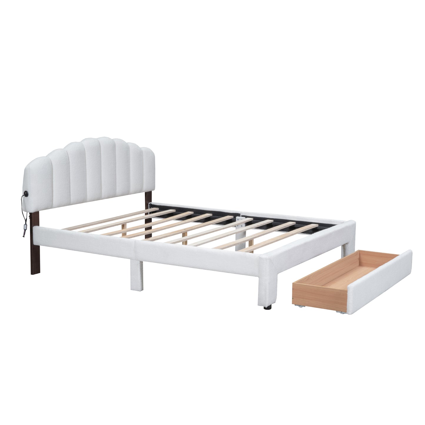 Teddy Fleece Queen Size Upholstered Platform Bed with Nightstand, White