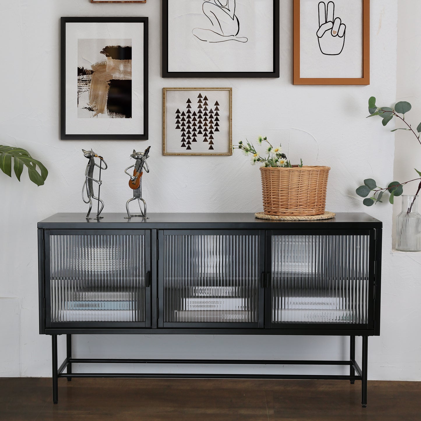 Retro Style TV Stand with Enclosed Storage and Glass Doors