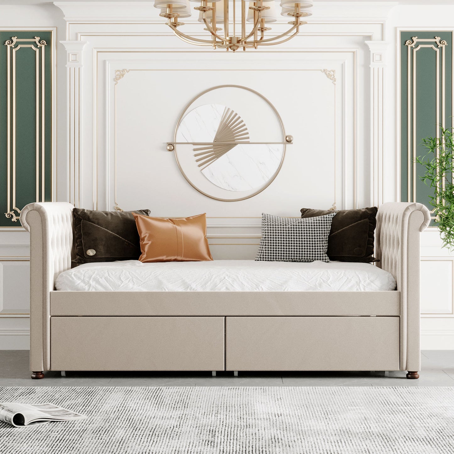 Twin Size Upholstered daybed with Drawers, Wood Slat Support, Beige