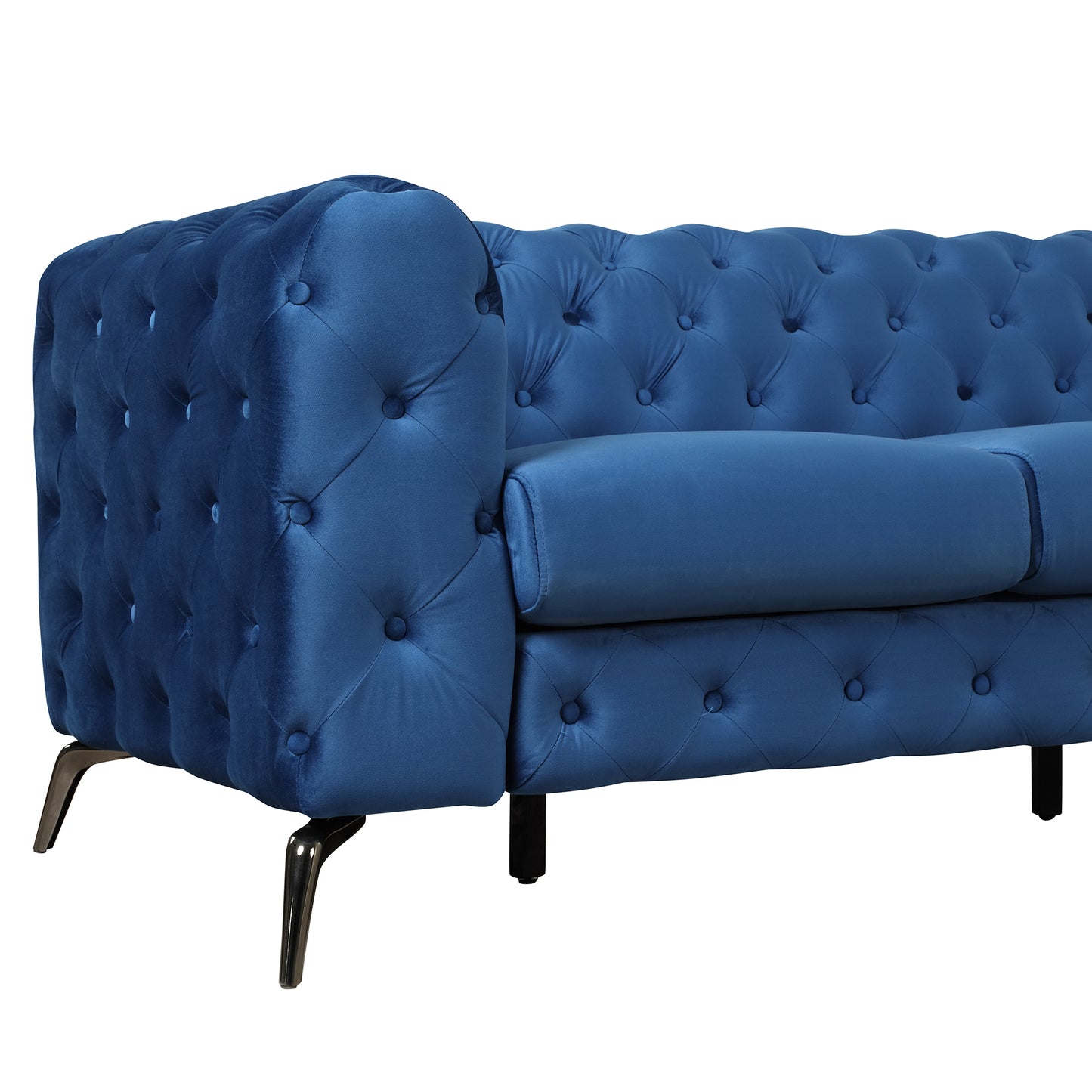 Modern Blue Velvet Upholstered 3 Seater Sofa with Button Tufted Back and Sturdy Metal Legs