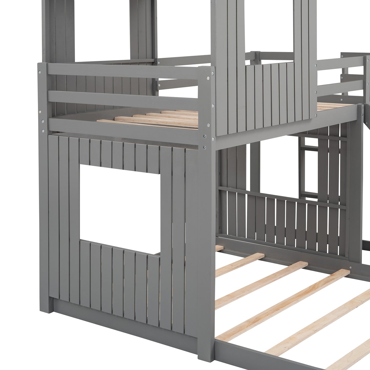 Playhouse Twin Over Full Bunk Bed with Ladder, Slide & Guardrails - Gray Wood, LT000028AAN