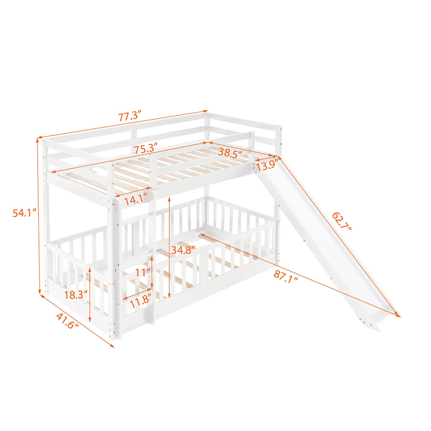 White Twin Bunk Bed with Slide, Ladder, and Space-Saving Design