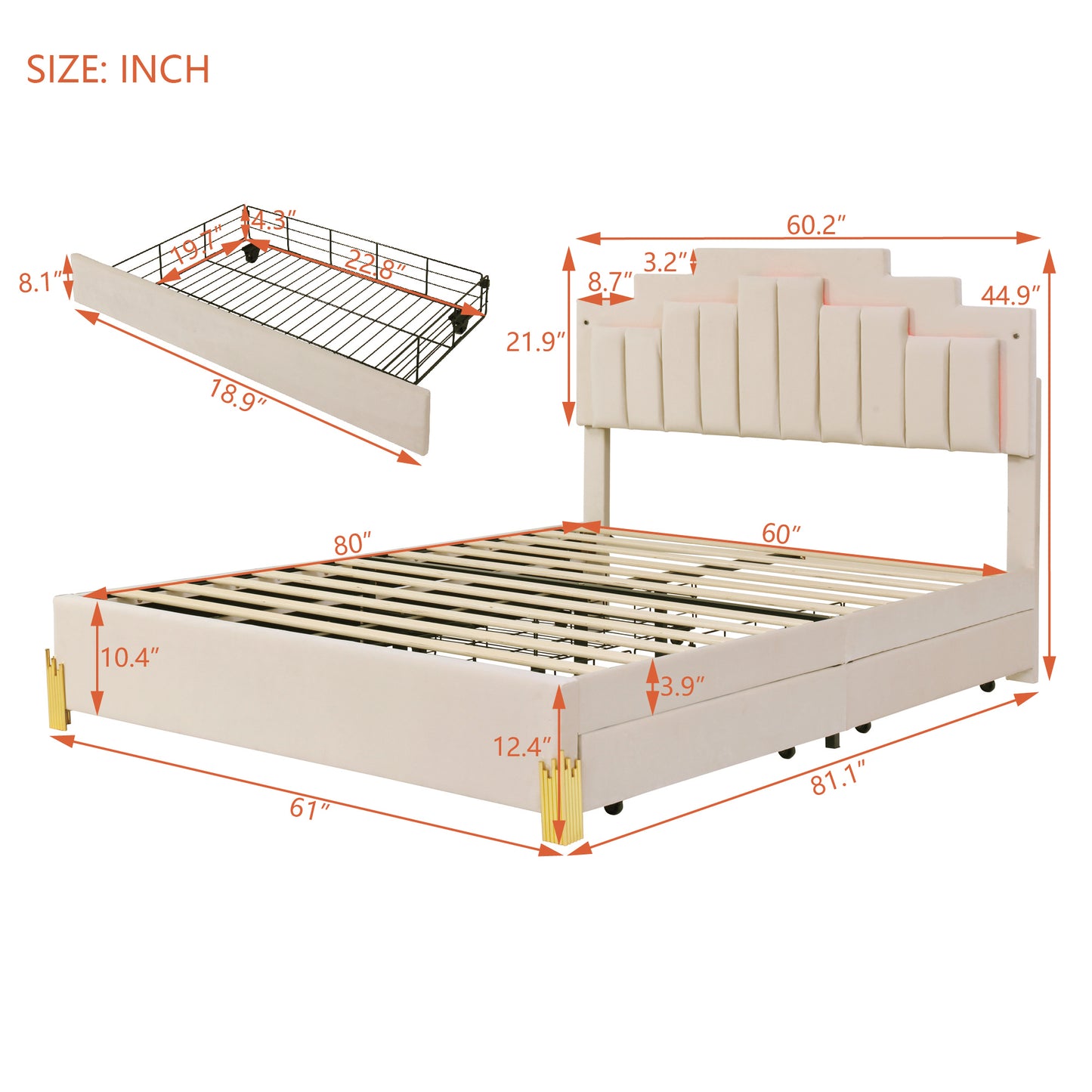 Queen Size Upholstered Platform Bed with LED Lights and 4 Drawers, Stylish Irregular Metal Bed Legs Design, Beige