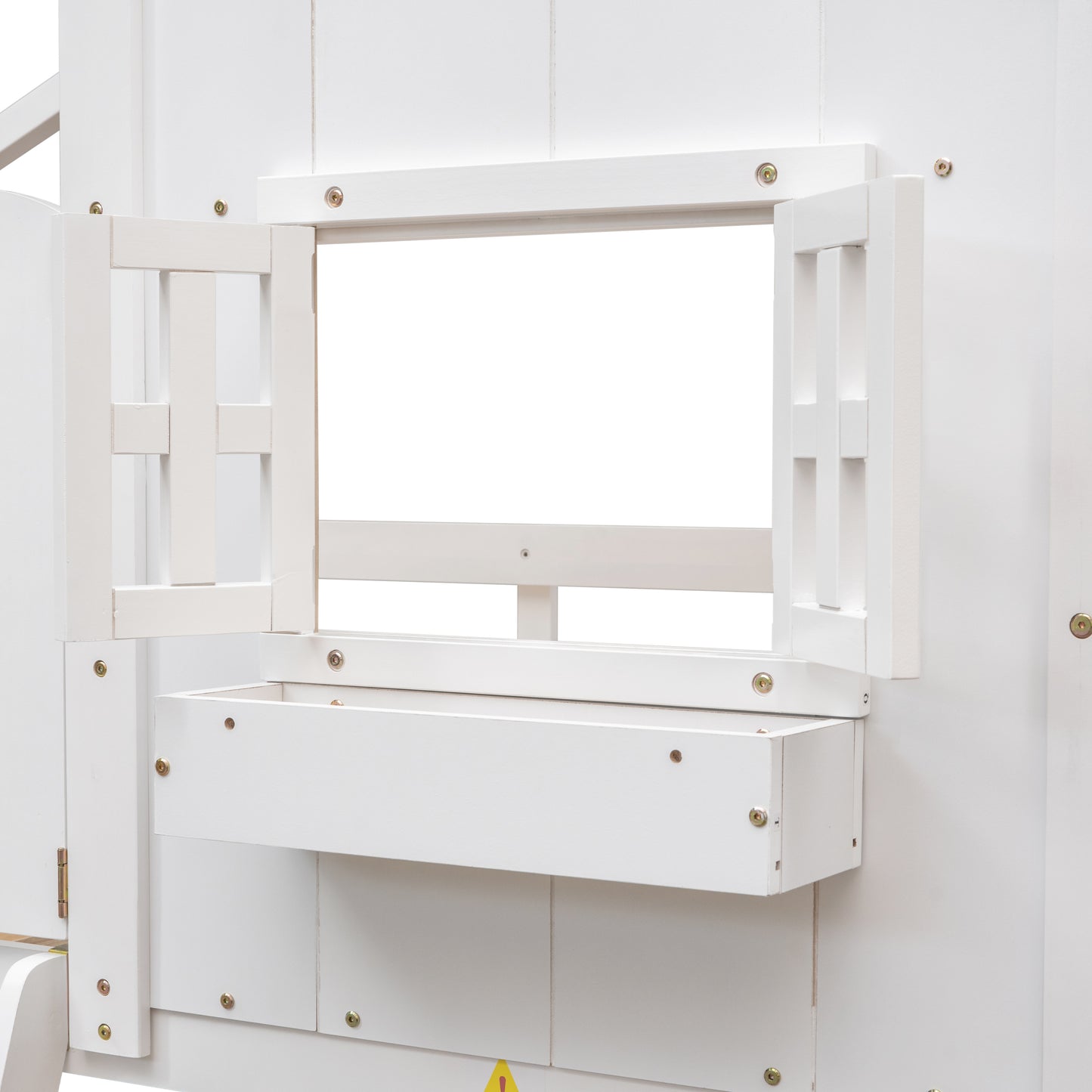 Cabin Inspired Kids' White Bunk Bed with Roof, Window, and Door