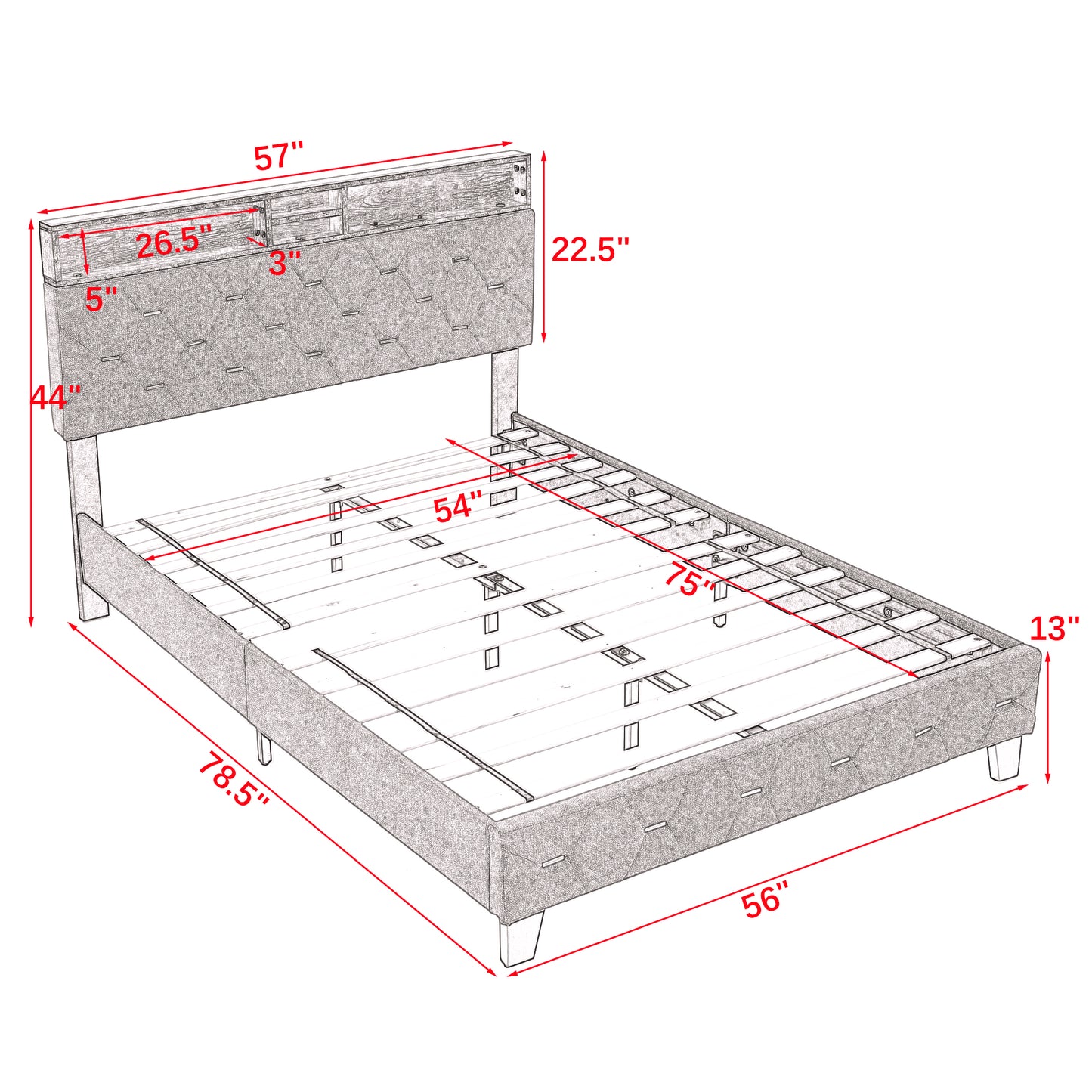 Full Size Bed Frame, Shelf Upholstered Headboard, Platform Bed with Outlet & USB Ports, Wood Legs, No Box Spring Needed, Easy Assembly, Beige