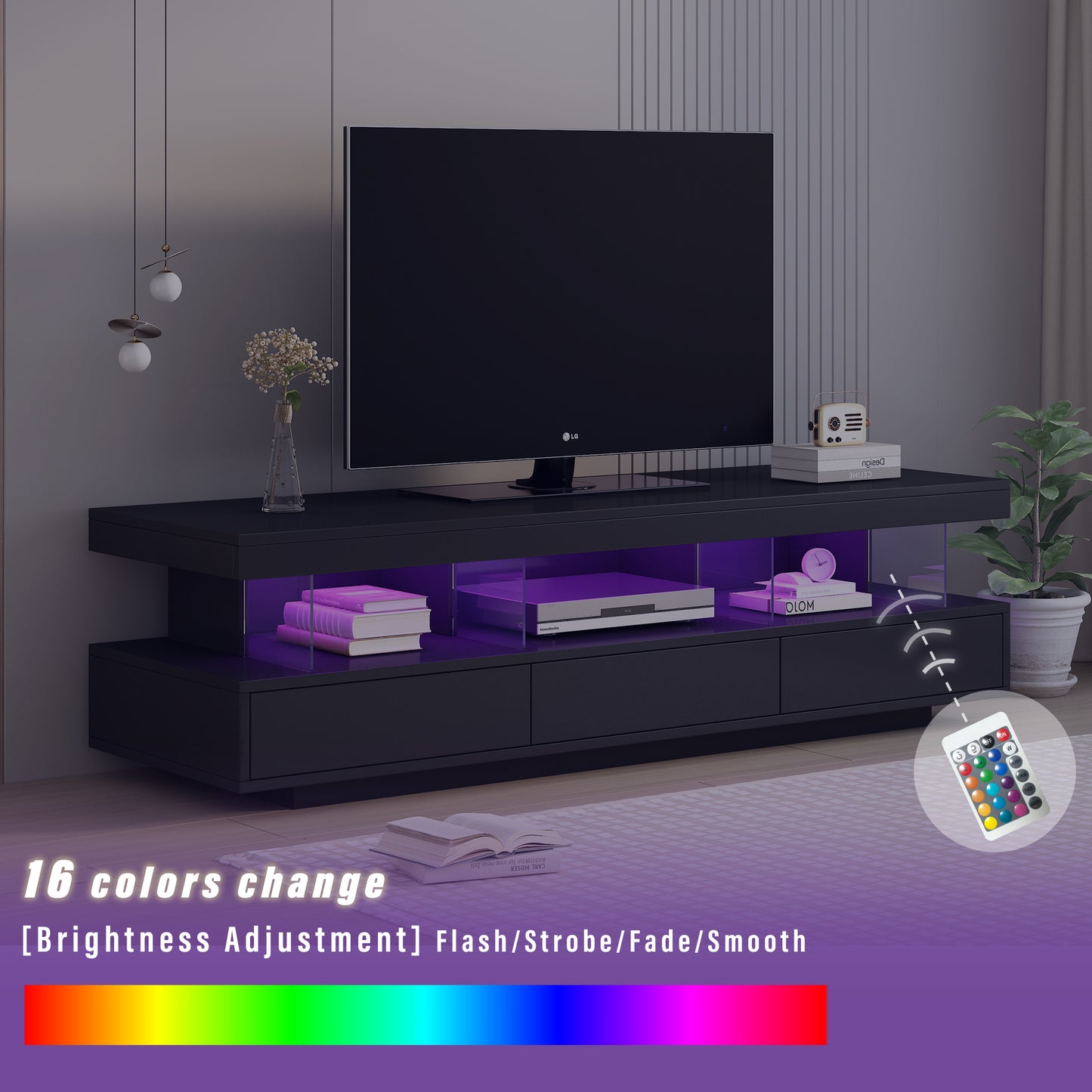 Sleek LED TV Stand with 16 Color Options and Abundant Storage for 70 TVs