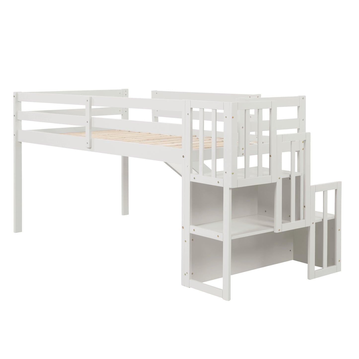 Loft Bed with Staircase, Storage, Slide, Twin size, Full-length Safety Guardrails, No Box Spring Needed, White