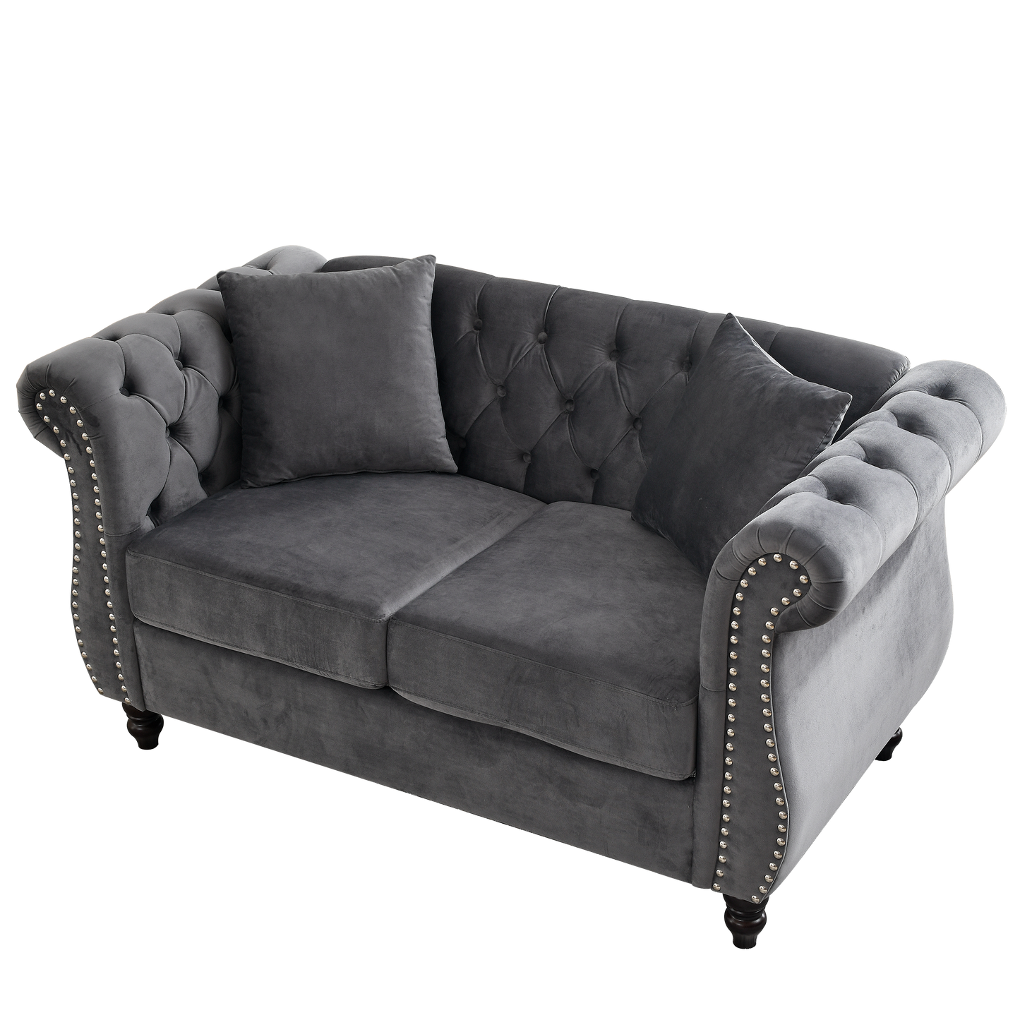 Classic Chesterfield 2-Seater Velvet Sofa in Grey with Rolled Arms and Nailhead Trim